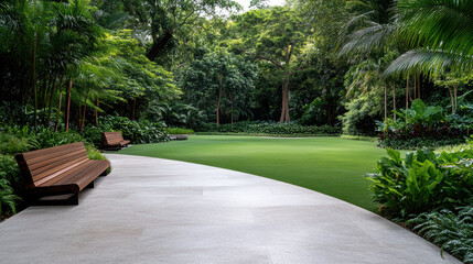 Wall Mural - Lush greenery in serene park with wooden benches and vibrant plants