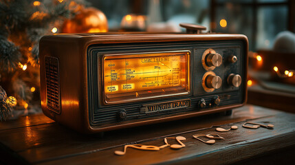 A vintage radio with glowing dials, placed on a wooden table, surrounded by subtle decorations like musical notes, warm lighting emphasizing nostalgia for World Radio Day