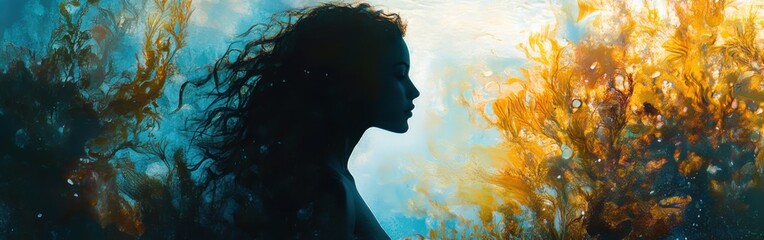 Poster - Serene portrait of a woman with flowing hair surrounded by vibrant underwater colors in a tranquil landscape