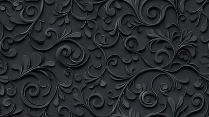 Poster - Discover an elegant black paper texture with swirls and leaves, ideal for your design projects in a detailed 3D pattern SEAMLESS PATTERN