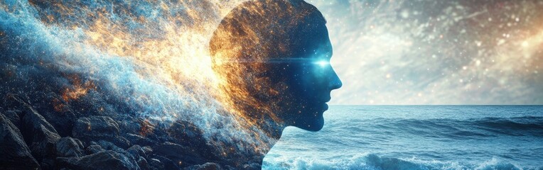 Aufkleber - Mystical visualization of a man's profile merging with cosmic elements by the ocean at sunset