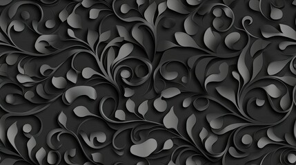 Poster - Discover an elegant black paper texture with swirls and leaves, ideal for your design projects in a detailed 3D pattern SEAMLESS PATTERN