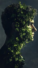 Poster - Mystical profile of a man entwined with vibrant green foliage and ethereal lights depicting a connection to nature