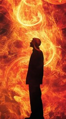 Poster - Mystical silhouette of a man surrounded by vibrant flames at dusk