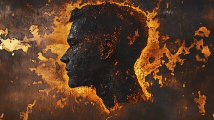 Poster - Mystical profile of a man encased in fiery textures and vibrant colors, sharing a story of ancient wisdom and passion