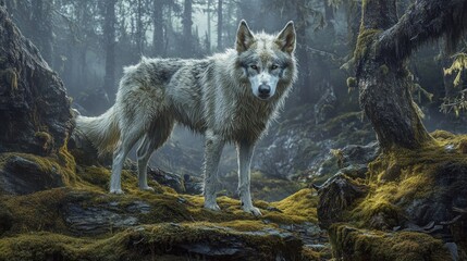 Poster - A lone wolf stands amidst a misty, moss-covered forest, evoking a sense of wilderness.