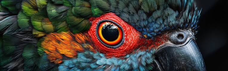 Poster - Close-up view of a lorikeet's vibrant face showing intricate feathers and striking eye details in natural light