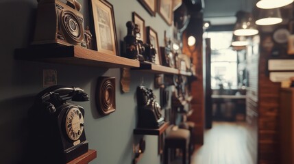 Poster - Exploring a vintage hallway filled with a captivating collection of antique telephones and framed memories