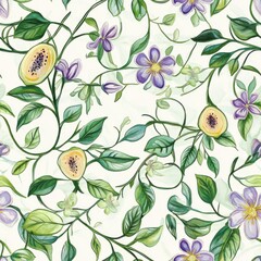 Aufkleber - Gentle watercolor doodle design featuring vibrant flowers and lush green leaves in a harmonious pattern