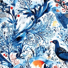 Poster - Colorful dynamic doodle watercolor drawing featuring vibrant birds and lush foliage