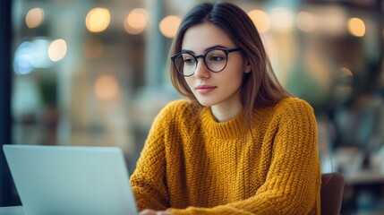 Aufkleber - Young woman working on laptop in a cozy cafe setting during daytime hours