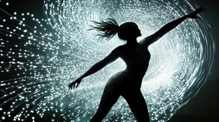 Poster - Dancer in silhouette gracefully moves within a swirl of luminous particles, creating an enchanting visual effect on a dark background