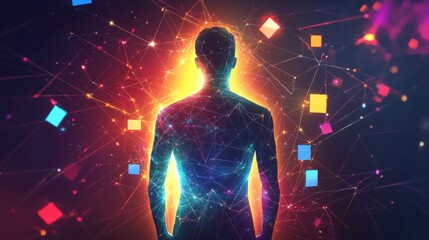 Poster - Conceptual representation of a glowing man amidst vibrant geometric shapes in a digital landscape