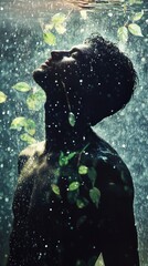 Aufkleber - Man surrounded by water and leaves exudes a glowing aura in an ethereal atmosphere