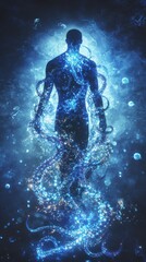 Poster - Man enveloped in a glowing aura with swirling tendrils against a cosmic backdrop at twilight