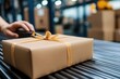 © Pinklife - A scene depicting the preparation of a gift box for shipping inside a bustling warehouse, showcasing the essential steps in the logistical process emphasized by human involvement.