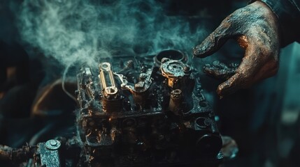 Poster - A mechanic inspects a smoky, greasy engine component in a workshop setting.