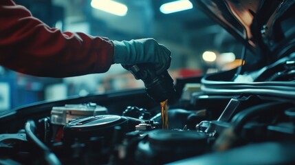 Poster - A mechanic pours oil into a car engine for maintenance.