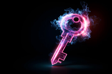 Sticker - digital illustration of glowing key surrounded by colorful smoke, symbolizing mystery and access. vibrant colors create intriguing visual effect