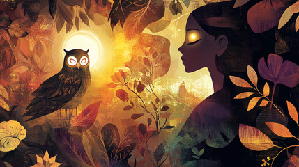 Poster - Enchanting owl and woman in a mystical autumn forest illustration