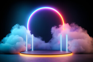 Canvas Print - vibrant abstract background featuring circular neon light, surrounded by colorful fog and podium. This captivating scene creates futuristic atmosphere perfect for presentations