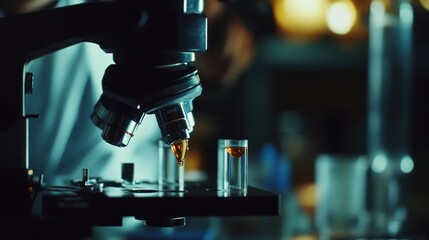 Poster - A microscope focuses on test tubes, highlighting scientific experimentation and analysis.