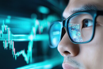 Poster - Focused individual analyzing digital financial chart through modern glasses