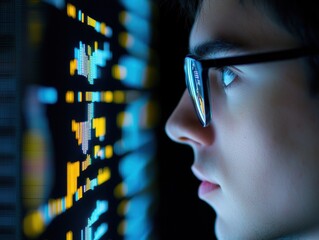 Poster - Focused Young Man Analyzing Data on Digital Screen with Colorful Graphics