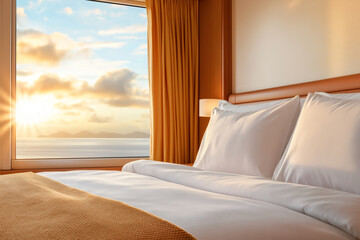 Sticker - Cozy bedroom interior with stunning window view of sunset over ocean. Soft pillows and warm colors create relaxing atmosphere for peaceful retreat