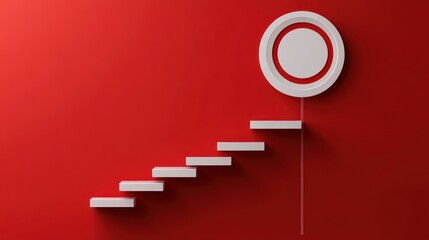 Poster - A minimalist design featuring stairs leading to a circular element on a red background.