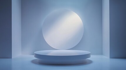 Poster - A minimalist display featuring a circular platform and backdrop, illuminated in soft blue light.