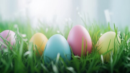 Wall Mural - Colored easter eggs nestled in green grass on white background, vibrant holiday decor with springtime theme. Pastel-shaded eggs in fresh grass arrangement, ideal for easter celebration concepts, seas