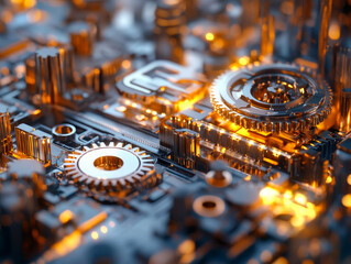 Poster - Close up of intricate machinery with glowing gears and components