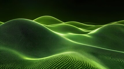 Poster - Abstract light green grid waves on dark background. Technology concept. 3D Rendering