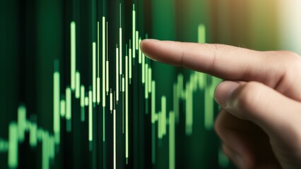 Poster - Hand Pointing at Financial Chart with Green Candlesticks and Data Visualization