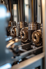 Poster - high tech industrial machinery with metallic gears in action, showcasing precision