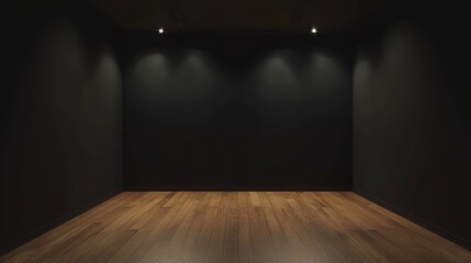 Poster - A minimalist room with dark walls and wooden flooring, ideal for exhibitions or presentations.