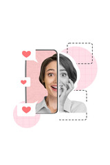 Leinwandbilder - Funny blogger collage template of funny girl display smartphone avatar income matches likes notification isolated on pink background