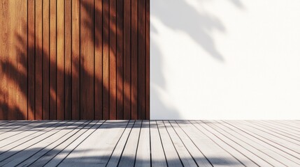 Poster - A minimalist space featuring wooden and white walls with shadows and wooden flooring.