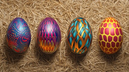 Wall Mural - Colorful Easter egg designs with intricate patterns and vibrant finishes on natural straw background for festive spring decoration ideas.