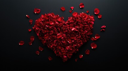 Poster - A black background featuring a heart shape made of red roses, surrounded by scattered petals in an asymmetrical arrangement.