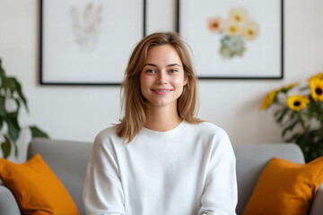 Sticker - young woman with warm smile sits on cozy sofa, surrounded by vibrant sunflowers and framed floral art. inviting atmosphere radiates happiness and comfort