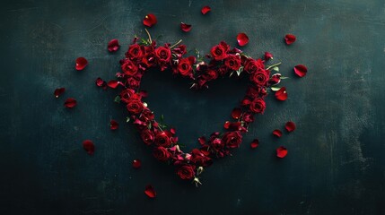 Poster - A black background featuring a heart shape made of red roses, surrounded by scattered petals in an asymmetrical arrangement.
