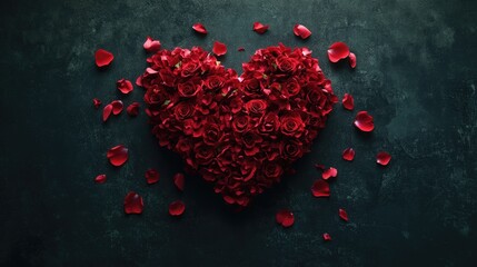 Poster - A black background featuring a heart shape made of red roses, surrounded by scattered petals in an asymmetrical arrangement.