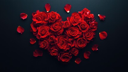 Poster - A black background featuring a heart shape made of red roses, surrounded by scattered petals in an asymmetrical arrangement..