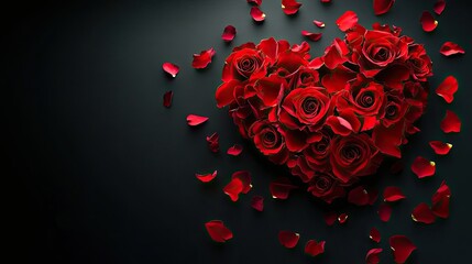 Poster - A black background featuring a heart shape made of red roses, surrounded by scattered petals in an asymmetrical arrangement..