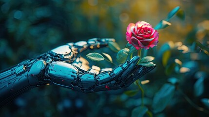 Poster - A concept image of a digital hand holding a rose, symbolizing growth and sustainability in a technological future.