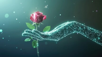 Poster - A concept image of a digital hand holding a rose, symbolizing growth and sustainability in a technological future.