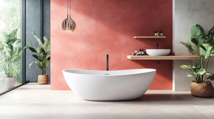 Aufkleber - A modern bathroom featuring a freestanding tub and minimalistic decor.
