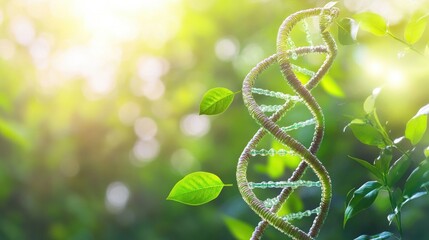 Fototapete - A digital graphic featuring a DNA strand sprouting into a plant, representing green biotechnology advancements.